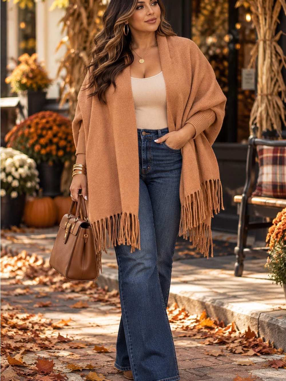 Pretty Persuasions Reversible Camel & Tan Wrap Sweater - Picture 10 of 10
